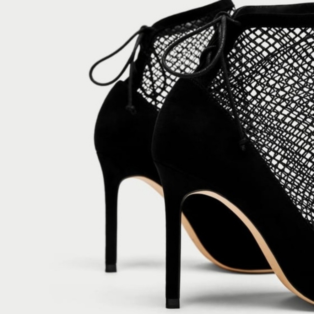{Zara} Black High Heel Fishnet Ankle Boots - Picture 7 of 8
